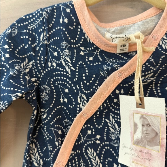 Navy and Peach Infant One Piece Footie onesie - Picture 2 of 5